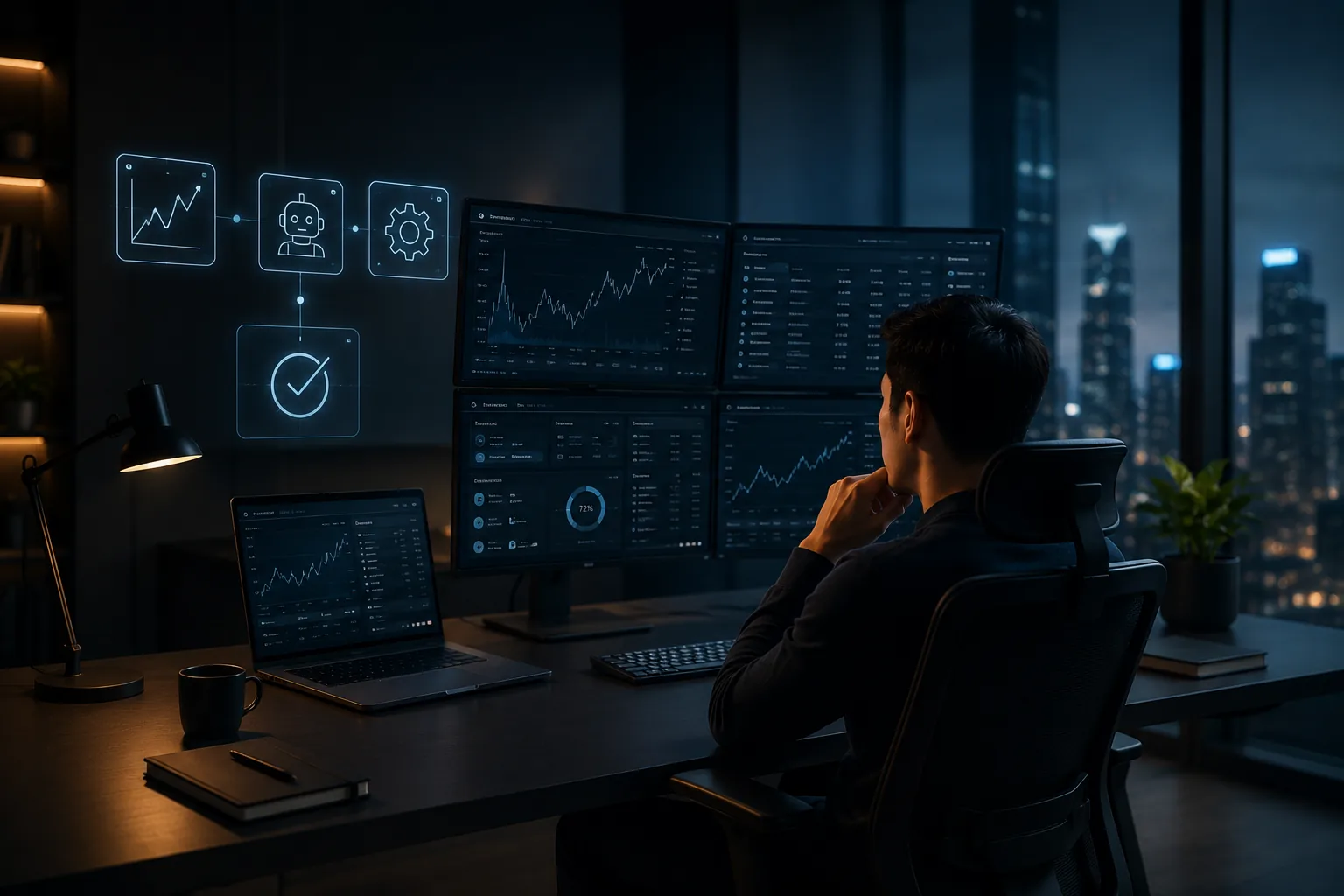 Trader memantau data trading di ruang kerja modern bernuansa teknologi