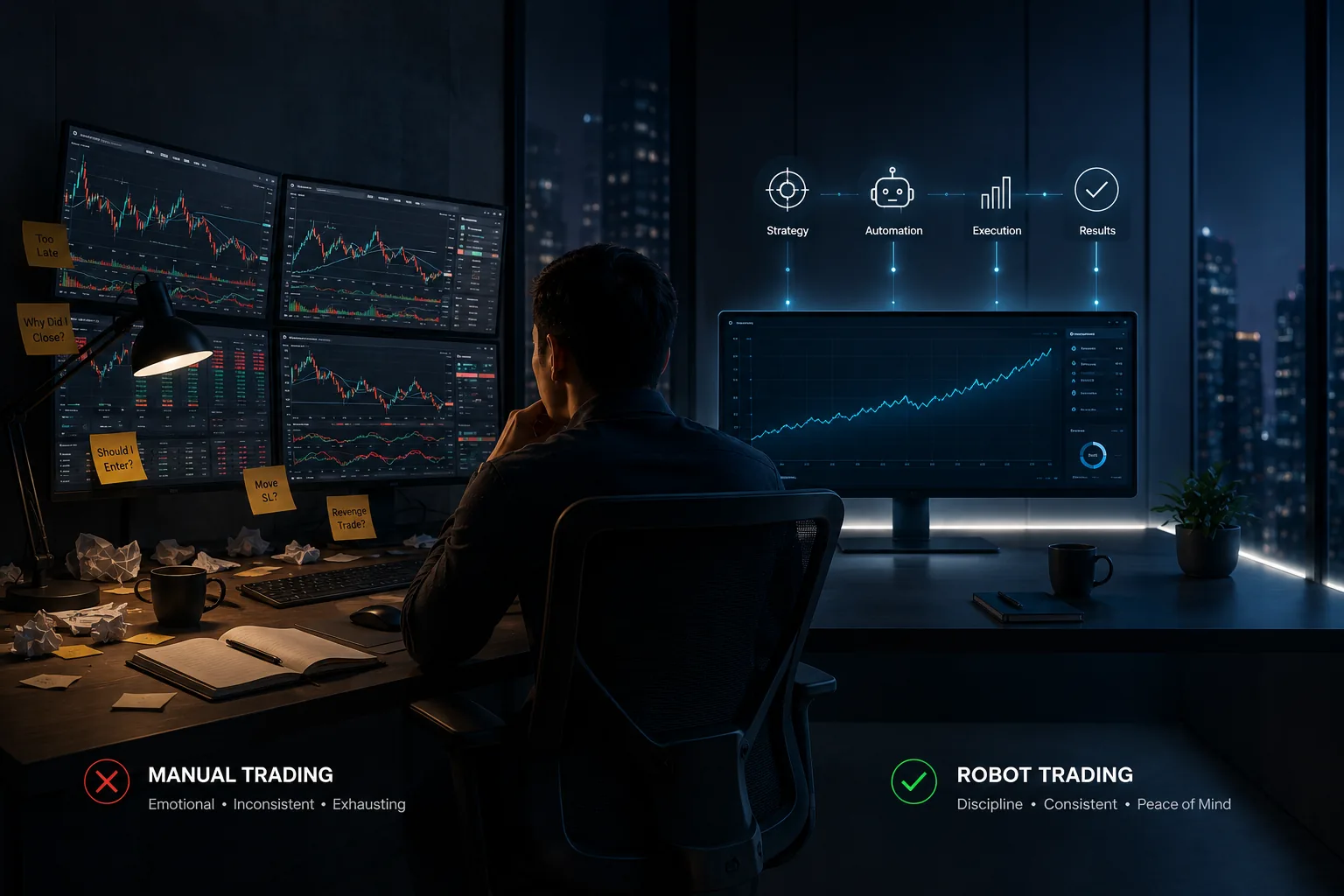 Perbandingan trading manual yang penuh tekanan dengan robot trading yang tenang dan konsisten