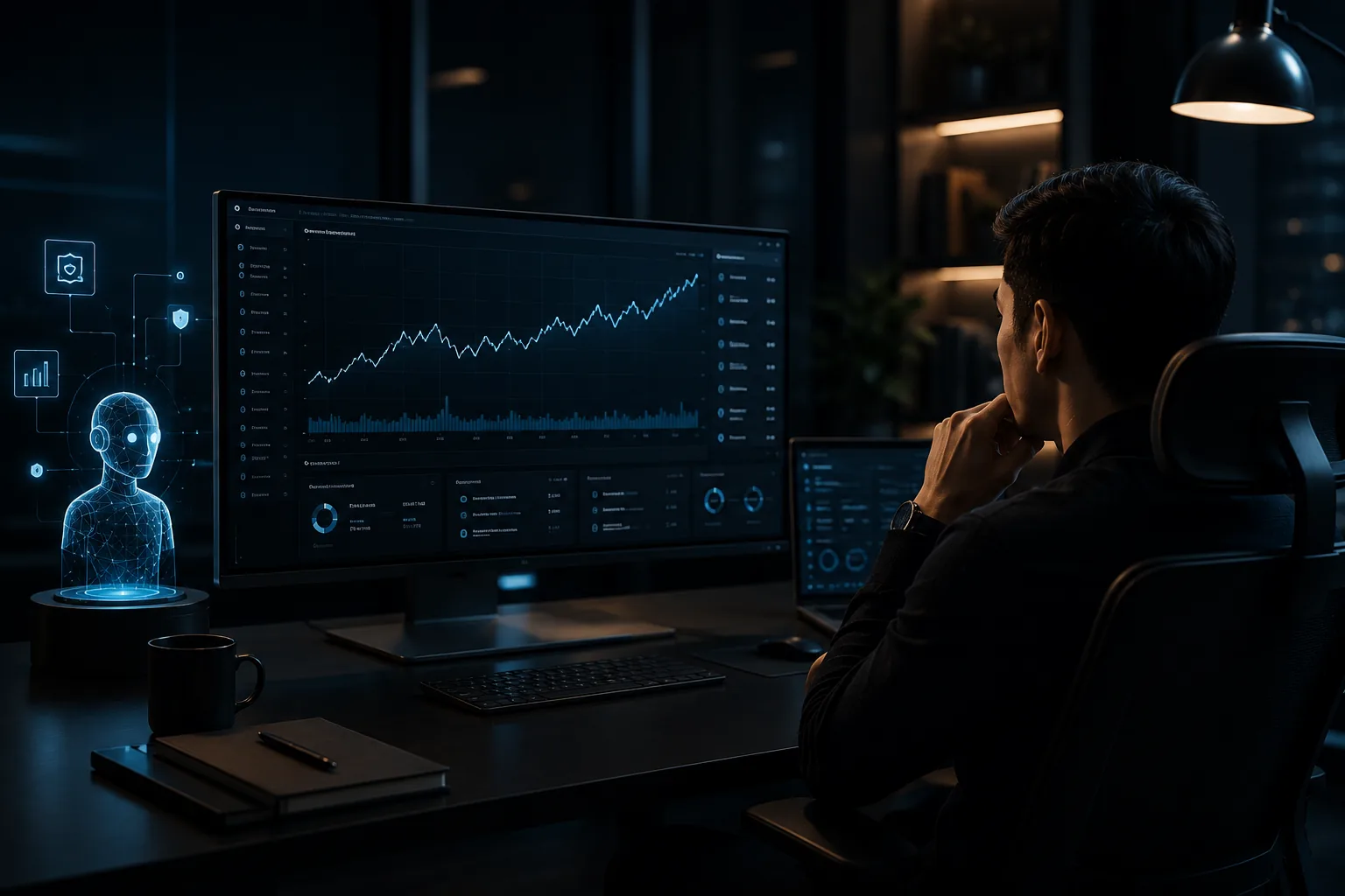 Monitor menampilkan kurva performa yang stabil di samping antarmuka AI minimalis